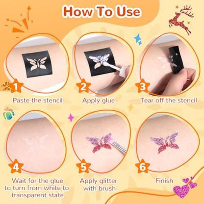 Bledras Glitzer Tattoo Set – 31 Farben Temporäre Tattoos für Kinder, inkl. 6 Glitzerstifte, 3 Kleber, Sicher & Abwaschbar – UV-Leuchtend für Halloween, Konzerte, Festivals, Karneval