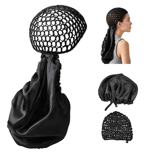 2-in-1 Seidenhaube und Wickelhaube für Frauen – Verstellbare Satin-Doopie-Wrap für langes lockiges Haar, Schwarz