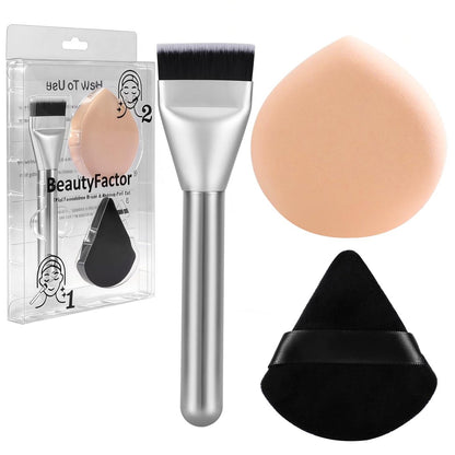 BEAUTYFACTOR Flachpinsel und Puderquasten-Set, Koreanischer Make-up-Pinsel mit Tränenform-Schwamm für flüssiges Make-up, Premium-Gesichts-Make-up-Pinsel zum Verblenden von Creme-Setting-Puder