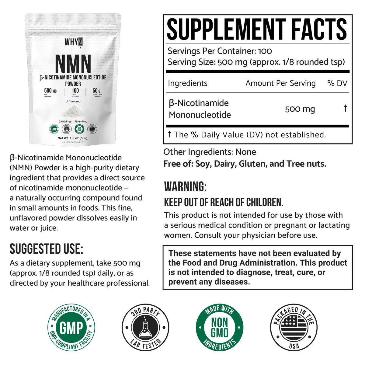 WHYZ Reines NMN-Pulver – Nicotinamid-Mononukleotid, schnell löslich, ungewürzt, vegan, non-GMO, 50 g