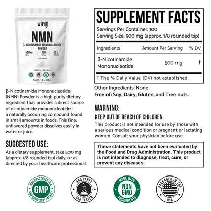 WHYZ Reines NMN-Pulver – Nicotinamid-Mononukleotid, schnell löslich, ungewürzt, vegan, non-GMO, 50 g