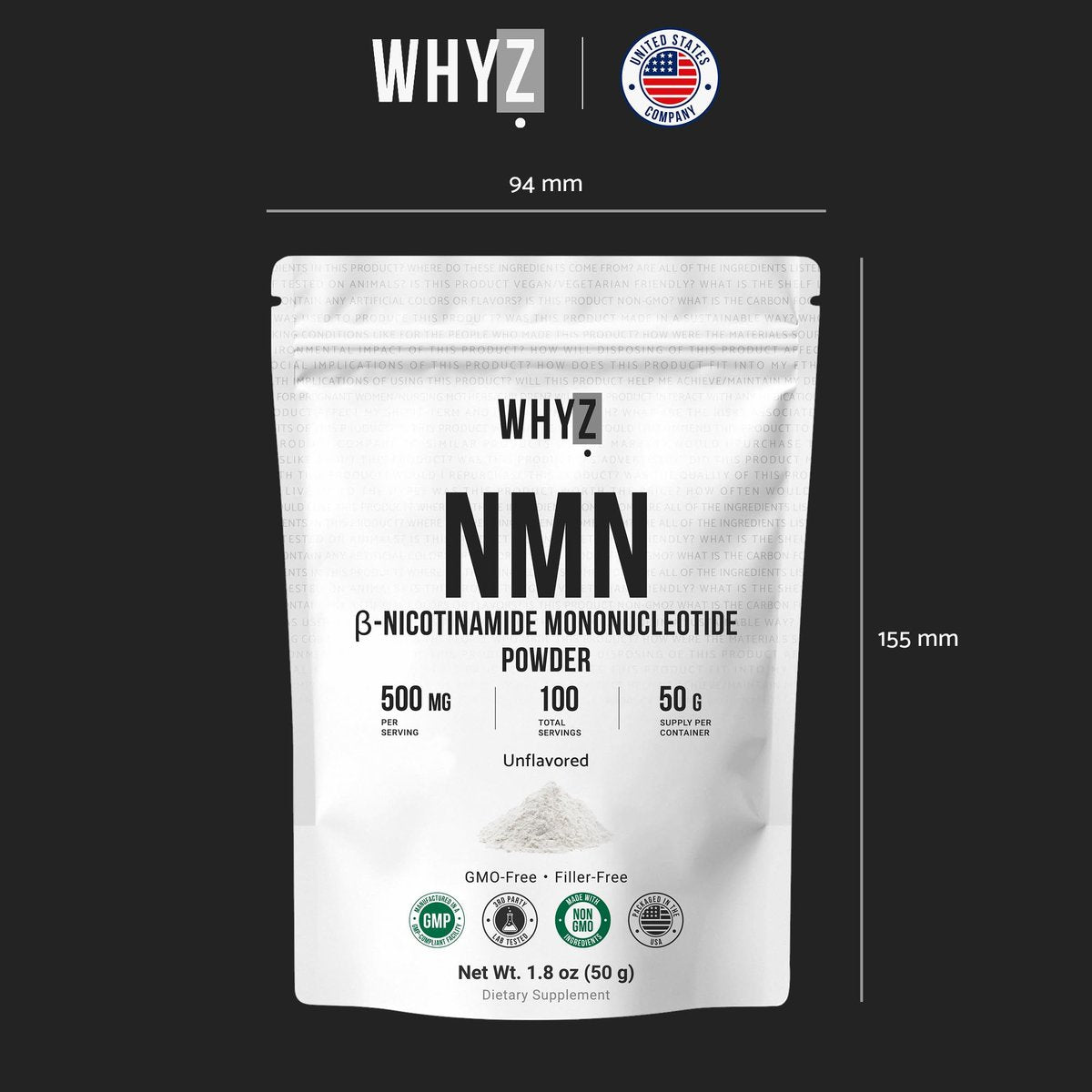 WHYZ Reines NMN-Pulver – Nicotinamid-Mononukleotid, schnell löslich, ungewürzt, vegan, non-GMO, 50 g