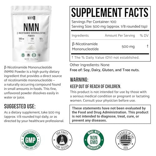 WHYZ Reines NMN-Pulver – Nicotinamid-Mononukleotid, schnell löslich, ungewürzt, vegan, non-GMO, 50 g