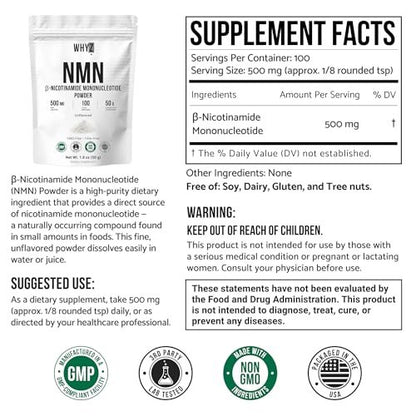 WHYZ Reines NMN-Pulver – Nicotinamid-Mononukleotid, schnell löslich, ungewürzt, vegan, non-GMO, 50 g