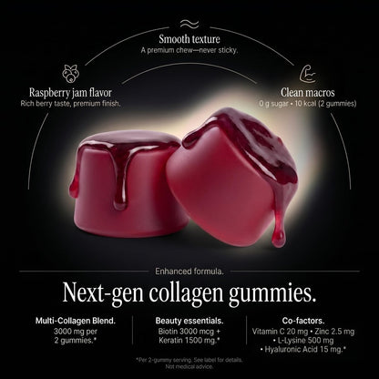 Wellneum Kollagen-Peptide Gummies – Zuckerfrei, 3000mg Multi-Kollagen-Boost für Haare, Haut & Nägel, mit Keratin, Biotin, Hyaluronsäure, Vitamin C & Zink, 60 Stück (Himbeer-Geschmack)