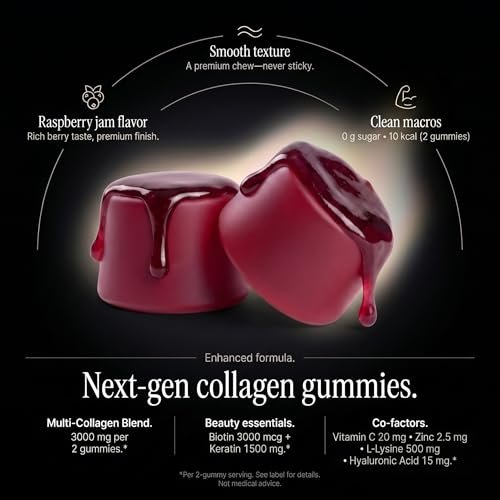 Wellneum Kollagen-Peptide Gummies – Zuckerfrei, 3000mg Multi-Kollagen-Boost für Haare, Haut & Nägel, mit Keratin, Biotin, Hyaluronsäure, Vitamin C & Zink, 60 Stück (Himbeer-Geschmack)