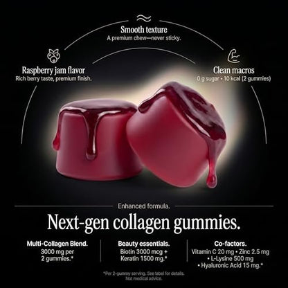 Wellneum Kollagen-Peptide Gummies – Zuckerfrei, 3000mg Multi-Kollagen-Boost für Haare, Haut & Nägel, mit Keratin, Biotin, Hyaluronsäure, Vitamin C & Zink, 60 Stück (Himbeer-Geschmack)