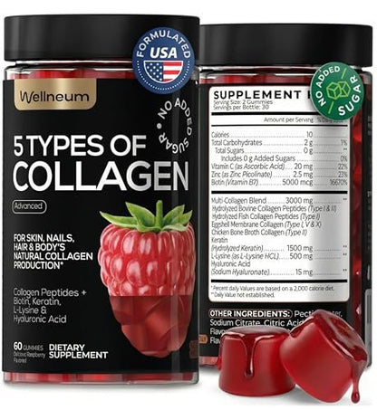 Wellneum Kollagen-Peptide Gummies – Zuckerfrei, 3000mg Multi-Kollagen-Boost für Haare, Haut & Nägel, mit Keratin, Biotin, Hyaluronsäure, Vitamin C & Zink, 60 Stück (Himbeer-Geschmack)