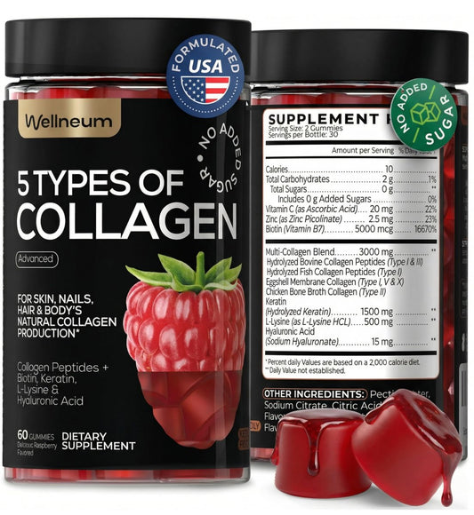 Wellneum Kollagen-Peptide Gummies – Zuckerfrei, 3000mg Multi-Kollagen-Boost für Haare, Haut & Nägel, mit Keratin, Biotin, Hyaluronsäure, Vitamin C & Zink, 60 Stück (Himbeer-Geschmack)