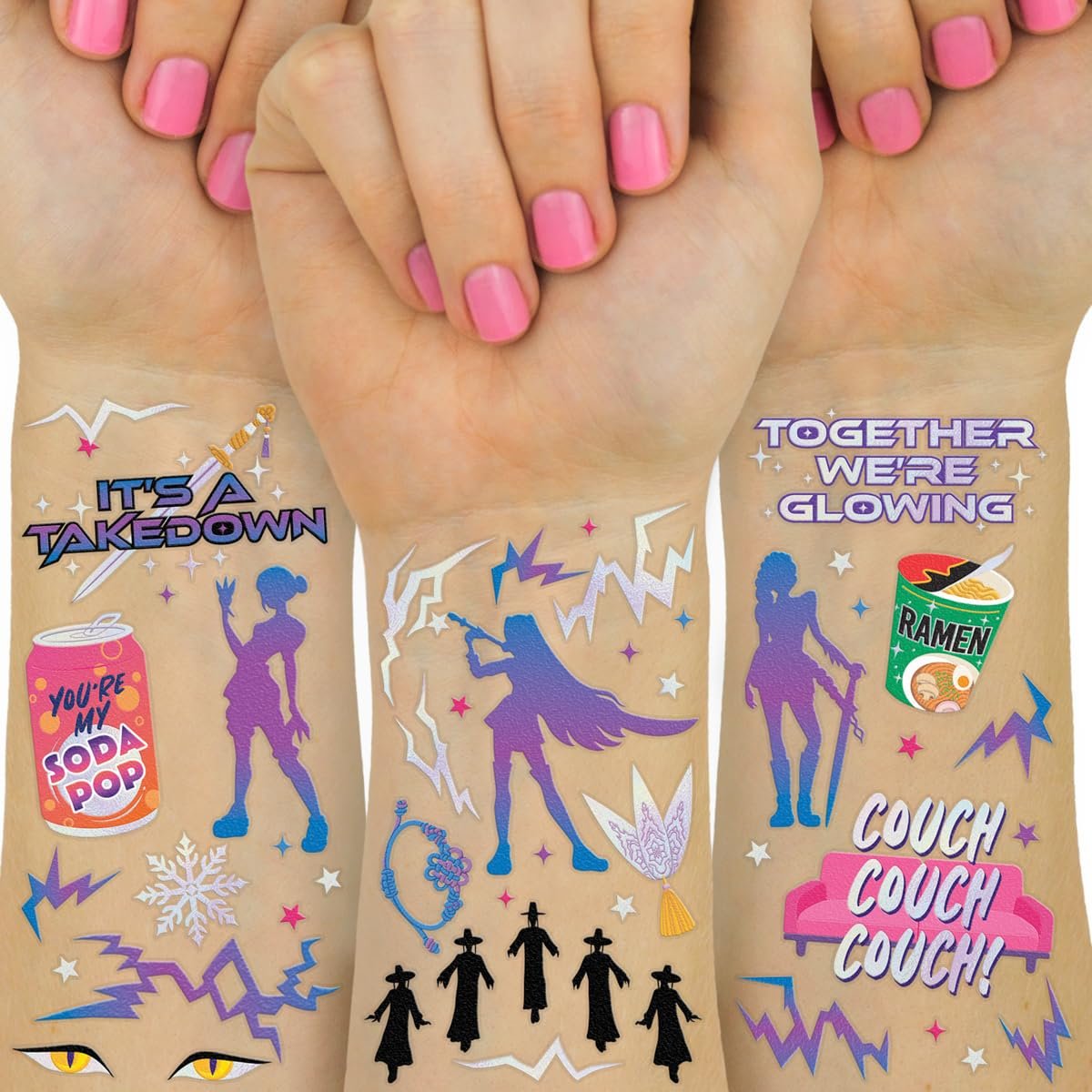 xo, Fetti Pop Star Tattoos – 68 temporäre Tattoos mit schillernder Folie und leuchtendem Lila | Geburtstagsgeschenk, Kinderparty-Zubehör, Dämon, Gold, Takedown