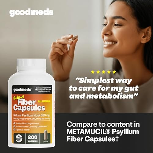 GoodMeds Psyllium Husk Fiber 520mg Kapseln – Ballaststoffpräparat zur Unterstützung der Verdauung für Männer und Frauen, 200 Kapseln