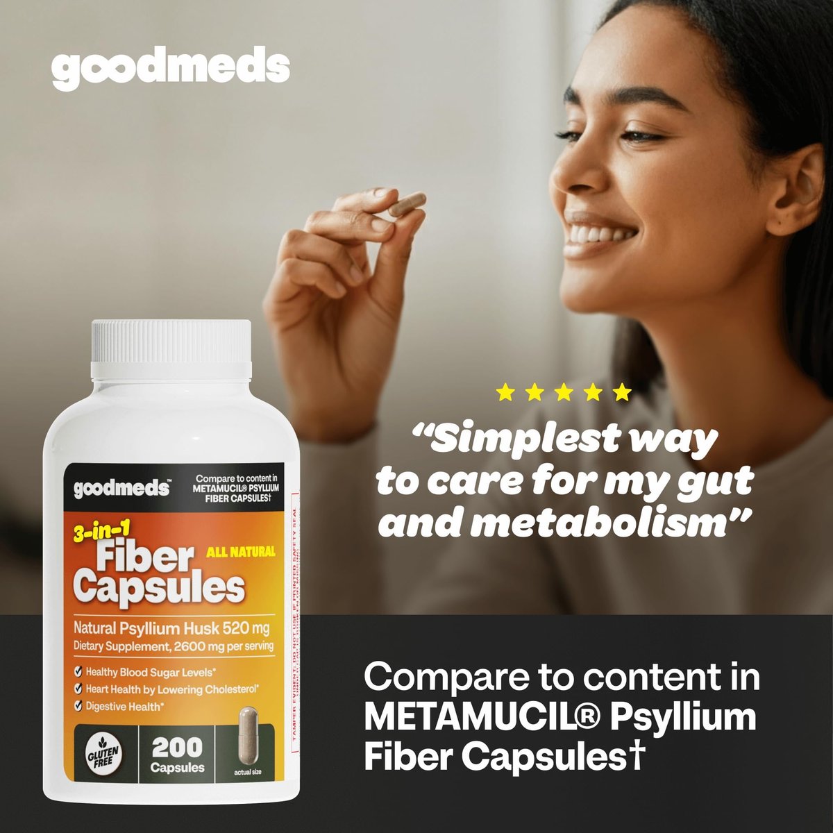 GoodMeds Psyllium Husk Fiber 520mg Kapseln – Ballaststoffpräparat zur Unterstützung der Verdauung für Männer und Frauen, 200 Kapseln