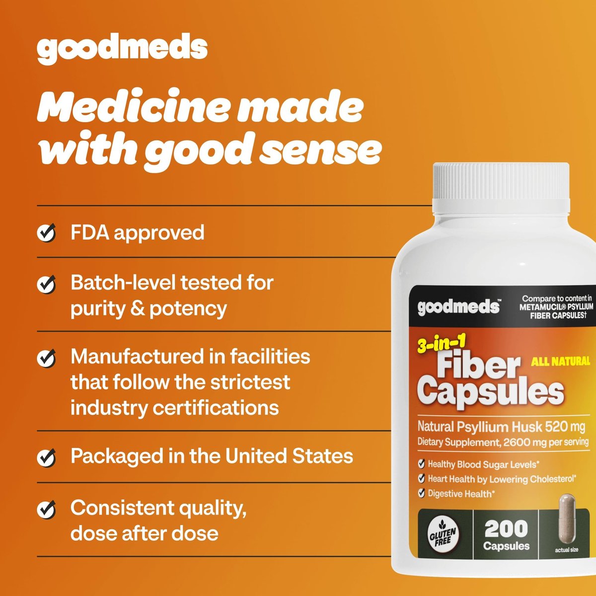 GoodMeds Psyllium Husk Fiber 520mg Kapseln – Ballaststoffpräparat zur Unterstützung der Verdauung für Männer und Frauen, 200 Kapseln