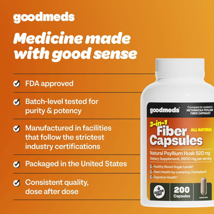 GoodMeds Psyllium Husk Fiber 520mg Kapseln – Ballaststoffpräparat zur Unterstützung der Verdauung für Männer und Frauen, 200 Kapseln