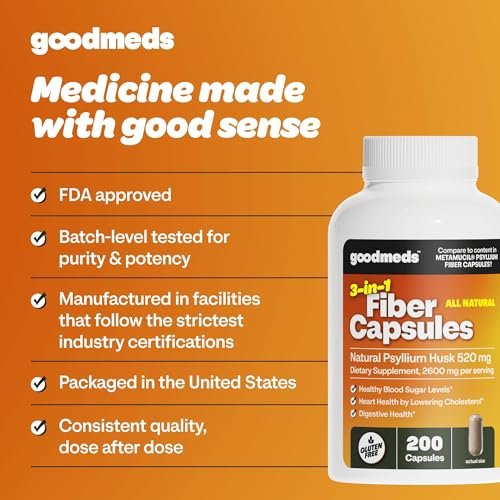 GoodMeds Psyllium Husk Fiber 520mg Kapseln – Ballaststoffpräparat zur Unterstützung der Verdauung für Männer und Frauen, 200 Kapseln