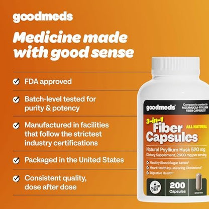 GoodMeds Psyllium Husk Fiber 520mg Kapseln – Ballaststoffpräparat zur Unterstützung der Verdauung für Männer und Frauen, 200 Kapseln