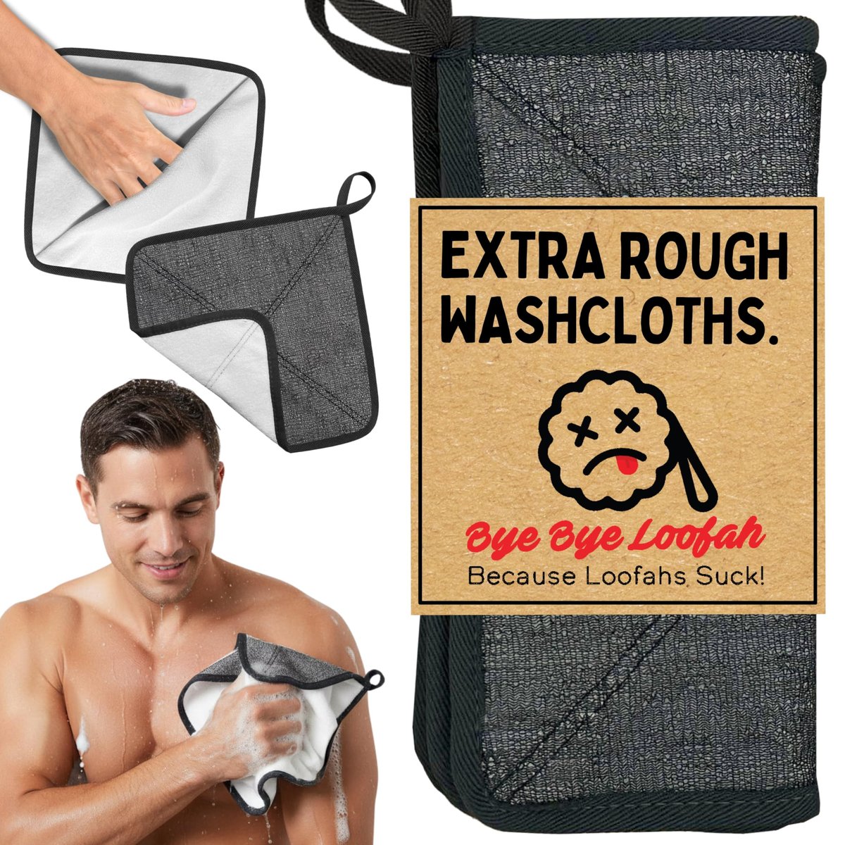 Bye Bye Loofah Doppelseitiges Peeling-Waschtuch mit Handtasche – Rau & Weich für Tiefenreinigung, Glatte Haut, Schnell trocknender Körperpeeling für Dusche oder Bad (Grau, 2er-Pack)