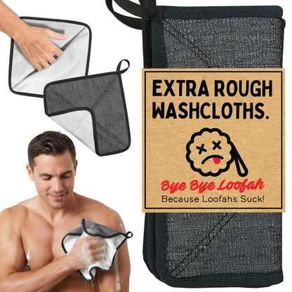 Bye Bye Loofah Doppelseitiges Peeling-Waschtuch mit Handtasche – Rau & Weich für Tiefenreinigung, Glatte Haut, Schnell trocknender Körperpeeling für Dusche oder Bad (Grau, 2er-Pack)