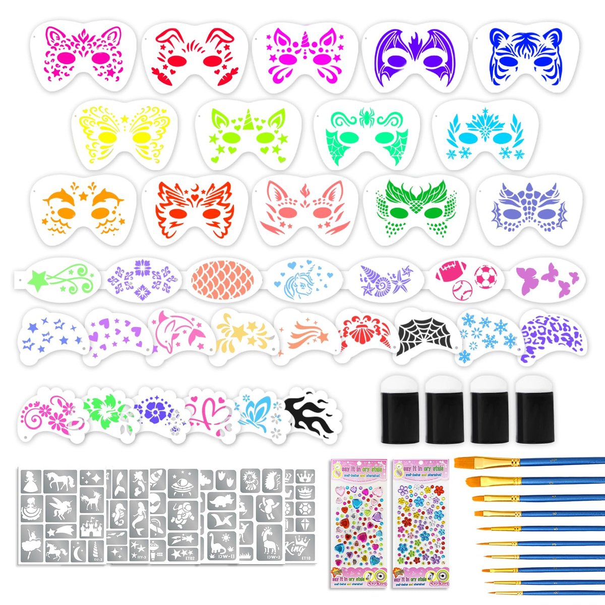 58-teiliges Gesichtsbemalungs-Schablonen- und Pinsel-Set: 36 wiederverwendbare Schablonen, Tattoo-Aufkleber, Pinsel, Klebesteine & Schwämme für Party- und Festival-Make-up