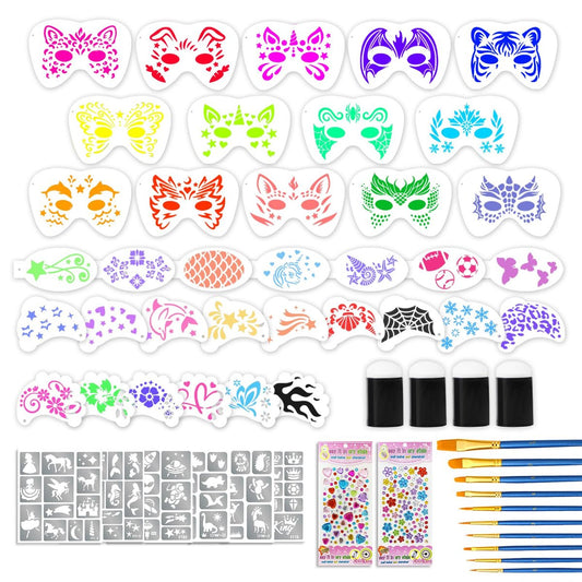 58-teiliges Gesichtsbemalungs-Schablonen- und Pinsel-Set: 36 wiederverwendbare Schablonen, Tattoo-Aufkleber, Pinsel, Klebesteine & Schwämme für Party- und Festival-Make-up
