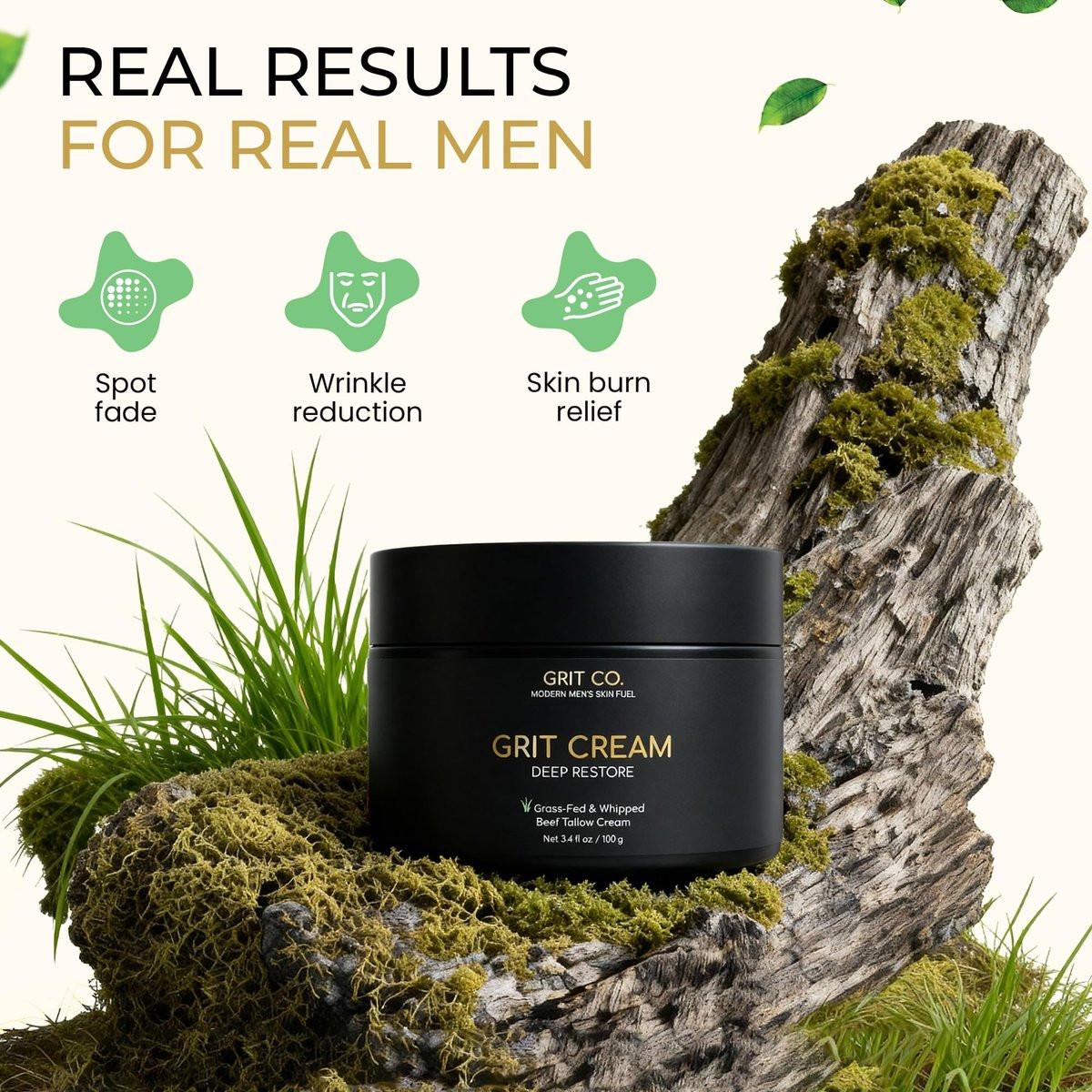 GRIT CO. Rindertalg für die Haut Anti-Aging Männer-Gesichtscreme – Weidehaltung-Talg Feuchtigkeitscreme für Männer – Ungetümter, geschlagener Faltenbalsam 100 ml