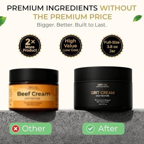 GRIT CO. Rindertalg für die Haut Anti-Aging Männer-Gesichtscreme – Weidehaltung-Talg Feuchtigkeitscreme für Männer – Ungetümter, geschlagener Faltenbalsam 100 ml