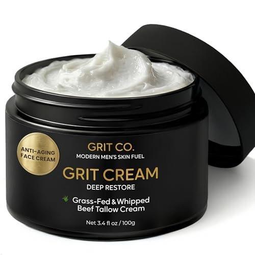 GRIT CO. Rindertalg für die Haut Anti-Aging Männer-Gesichtscreme – Weidehaltung-Talg Feuchtigkeitscreme für Männer – Ungetümter, geschlagener Faltenbalsam 100 ml