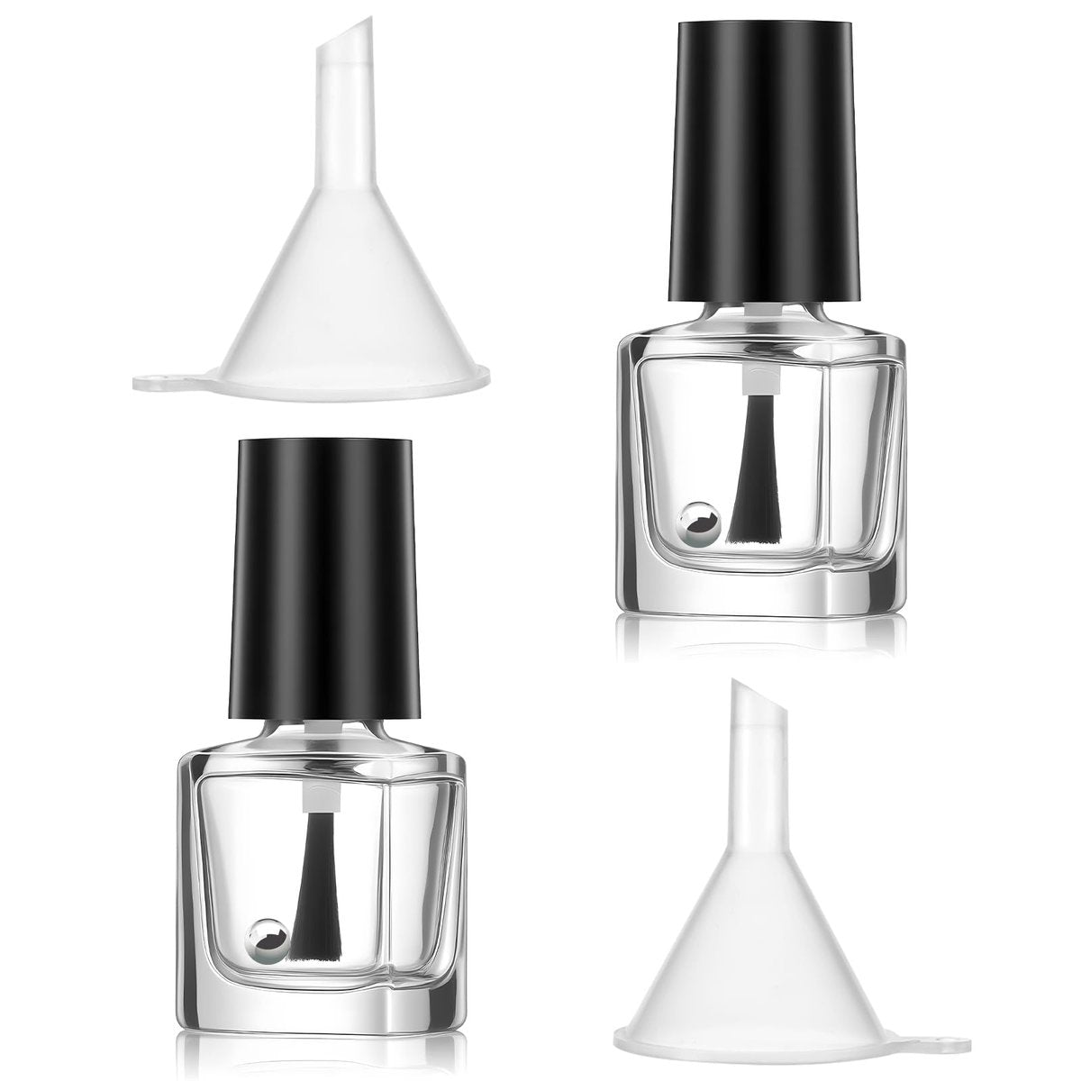 Qulkws 2 Stück Leere Nagellackflaschen mit Pinsel - 5 ml Glasflasche mit Deckel, Trichter und Mischkugeln - Transparente Nagellackbehälter für Nagelkunst und Proben