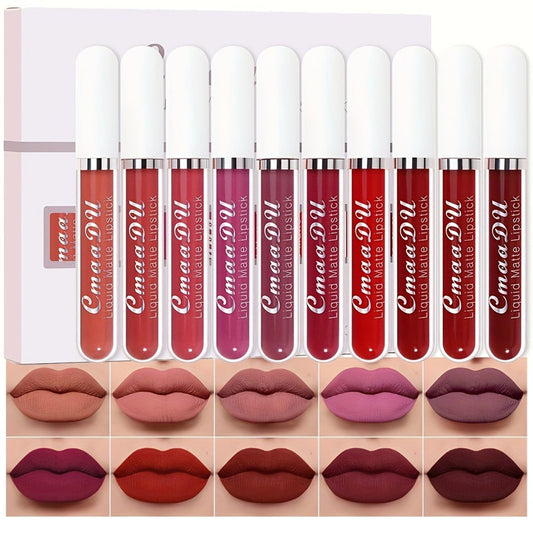 MooGlamor 10-teiliges Mattes Flüssig-Lippenstift-Set – wasserfest, langanhaltend, Lipgloss-Kit für Frauen