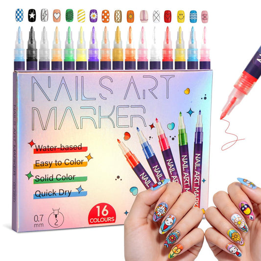 16 Farben Nagelkunststifte – DIY Nagelmarker mit feiner Spitze, schnell trocknender Nagellack, professionelles Nagelkunst-Set für Erwachsene und Anfänger