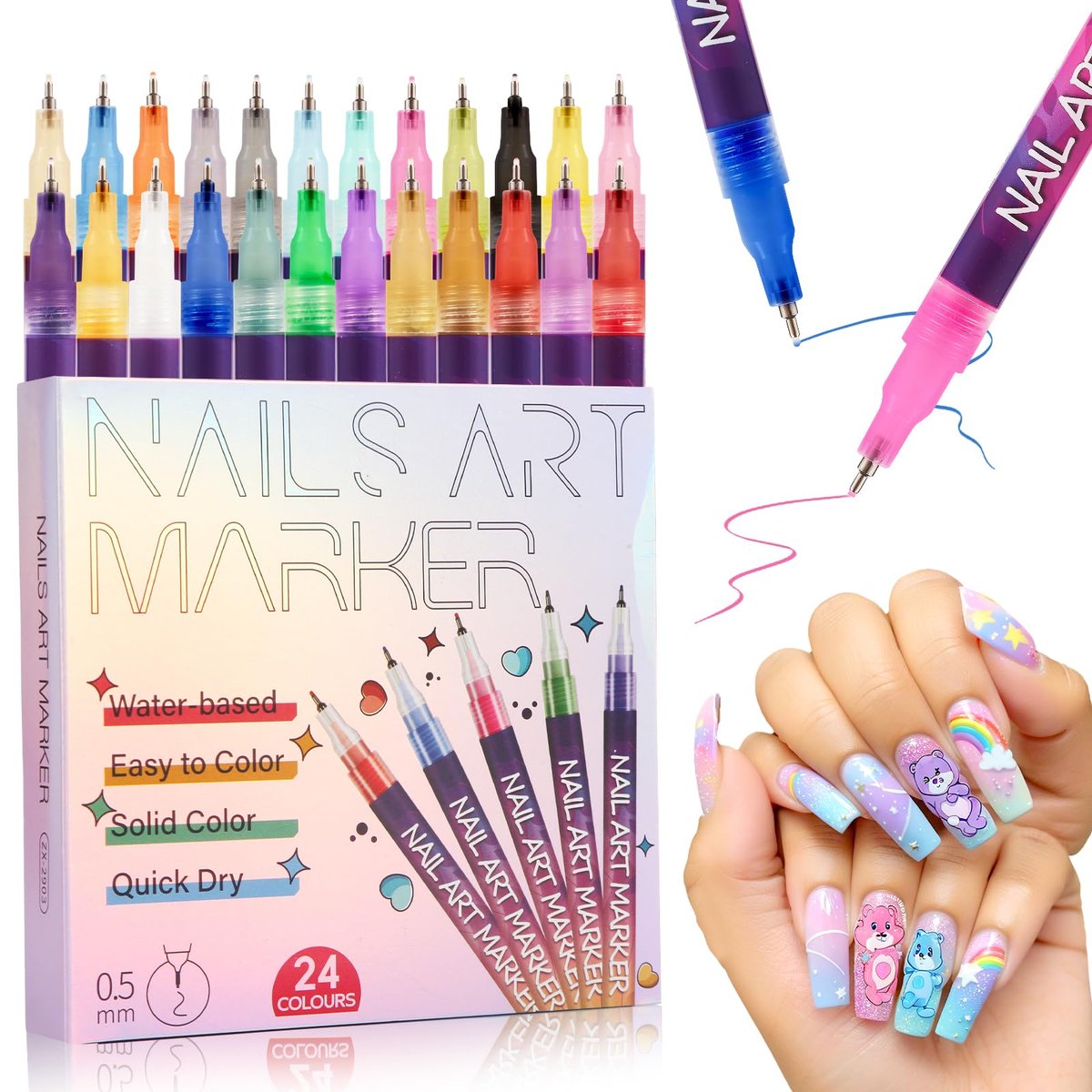 BONTOP Nail Art Stifte, 24 Farben Acryl Nagelmarker – Wasserfest & Schnell trocknend für DIY Nageldesign