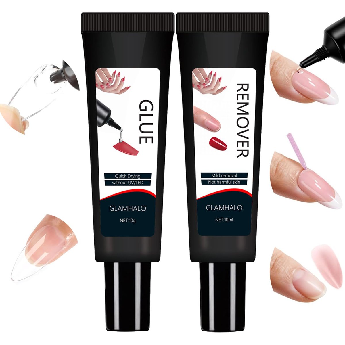 Glamhalo Quick Dry Semi Solid Nail Glue Gel 10g mit 10ml Entferner – Superstarker, langanhaltender Nagelkleber für Press-On & Fake Acrylnägel ohne UV-Lampe