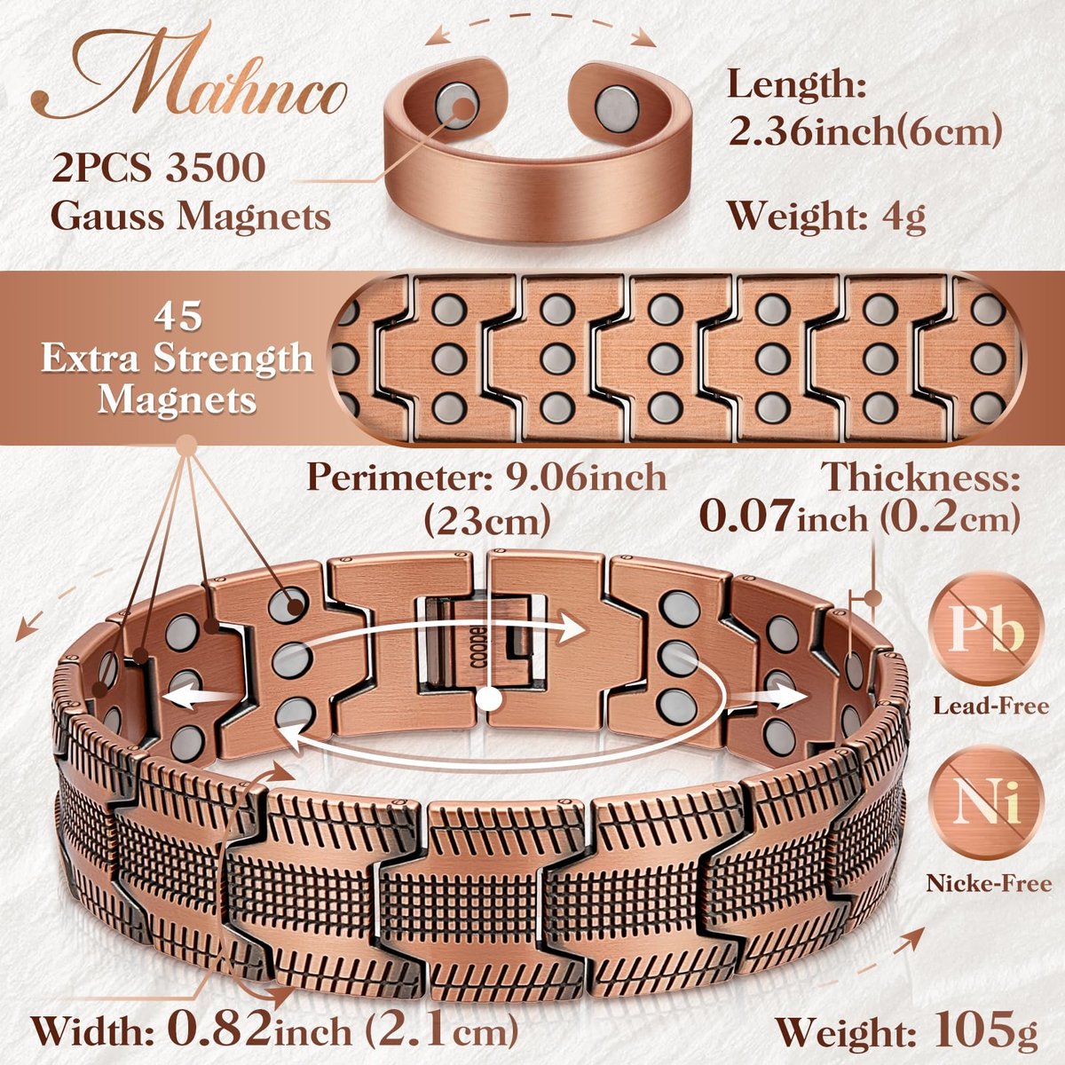 Mahnco Kupferarmband für Herren – 3X Ultra-Stärke 99,99% reines Kupfer mit Magneten, magnetisches Armband mit verstellbarem Größenwerkzeug