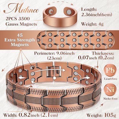 Mahnco Kupferarmband für Herren – 3X Ultra-Stärke 99,99% reines Kupfer mit Magneten, magnetisches Armband mit verstellbarem Größenwerkzeug