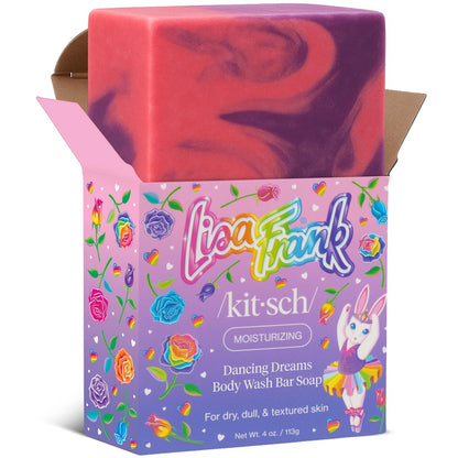 Kitsch x Lisa Frank Dancing Dreams Shea Butter Body Wash Bar – Sanftes Peeling-Bodywash mit Aprikosenkernen – Feuchtigkeitsspendende Seife für weiche, geschmeidige Haut – Umweltfreundliche Hautpflege - 113 g