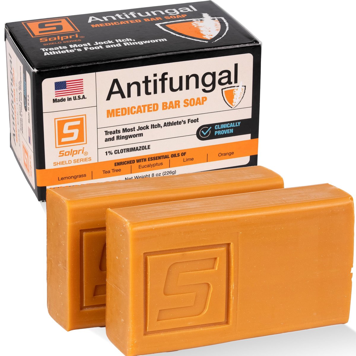 Solpri Shield 1% Clotrimazol Antimykotische Seife mit Teebaumöl – Medizinische Fußseife gegen Fußpilz, Juckreiz, Ringelflechte – 2er-Pack à 113 g