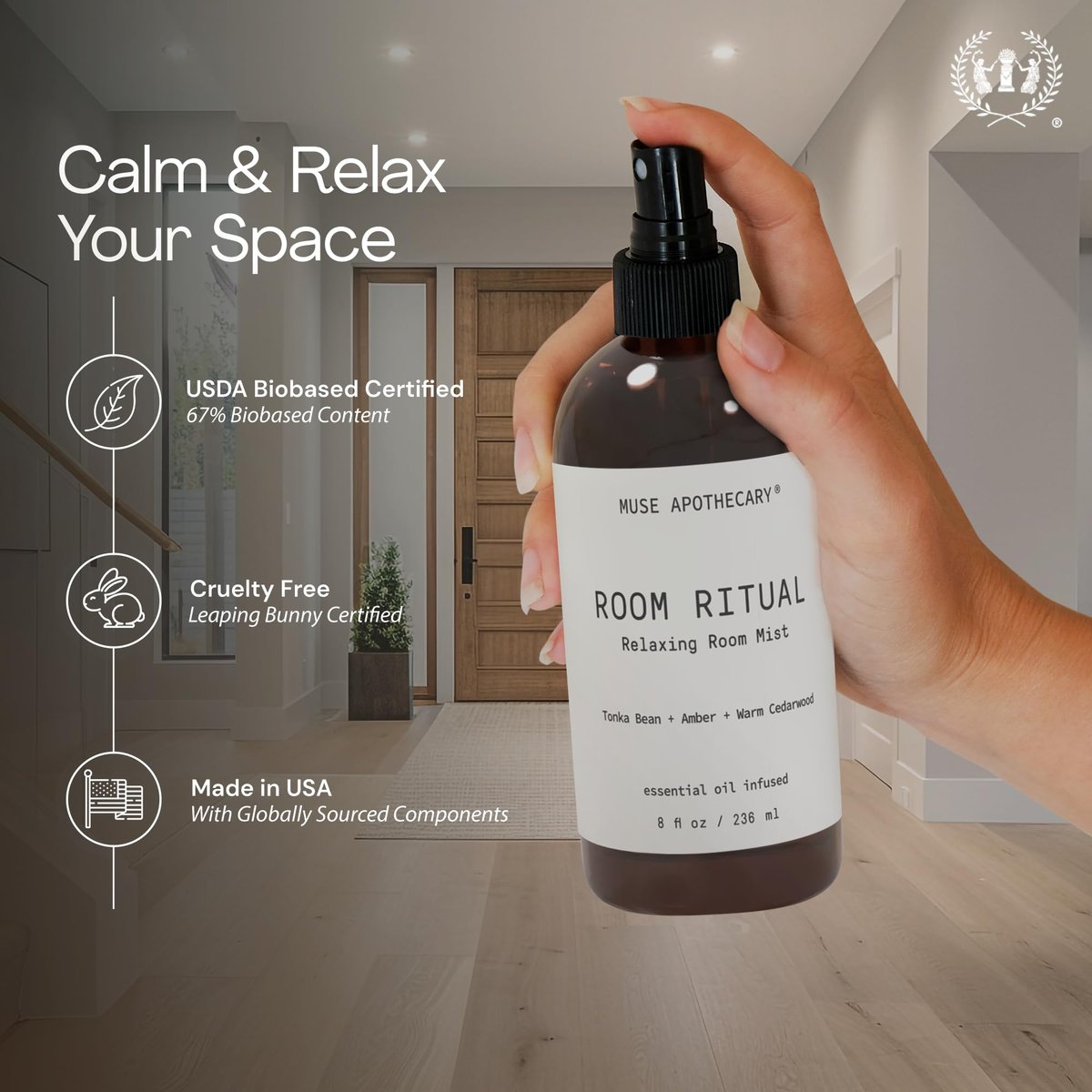 Muse Apothecary Room Ritual - Aromatischer und entspannender Raumnebel mit natürlichen ätherischen Ölen - 240 ml, Tonkabohne + Amber + Warmes Zedernholz
