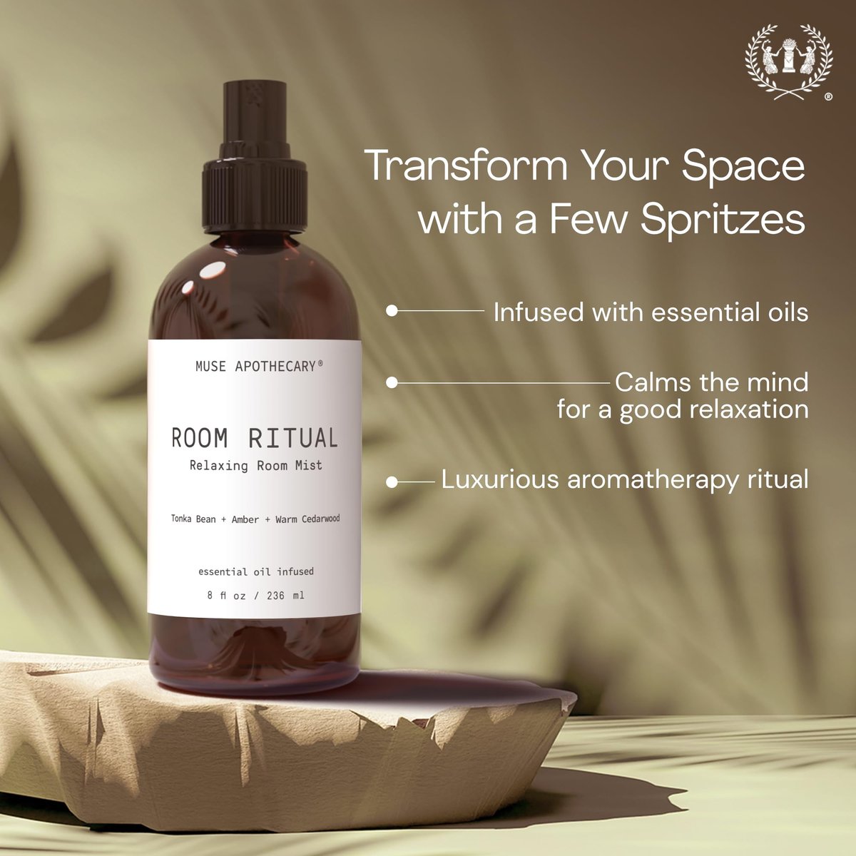 Muse Apothecary Room Ritual - Aromatischer und entspannender Raumnebel mit natürlichen ätherischen Ölen - 240 ml, Tonkabohne + Amber + Warmes Zedernholz