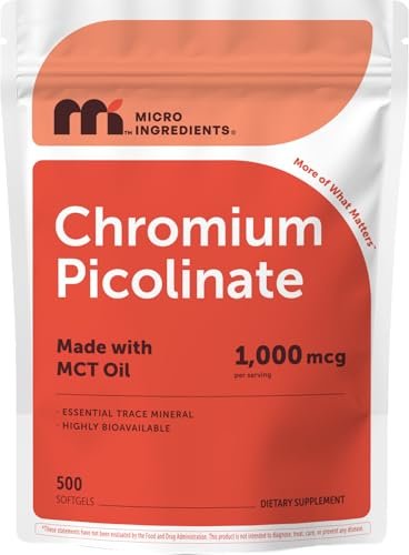Micro Ingredients Chrom Picolinat 1.000 mcg pro Portion, 500 Weichkapseln, 1 Jahresvorrat | Chelatiertes essentielles Mineralpräparat mit MCT-Öl | Non-GMO