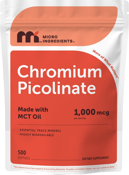 Micro Ingredients Chrom Picolinat 1.000 mcg pro Portion, 500 Weichkapseln, 1 Jahresvorrat | Chelatiertes essentielles Mineralpräparat mit MCT-Öl | Non-GMO
