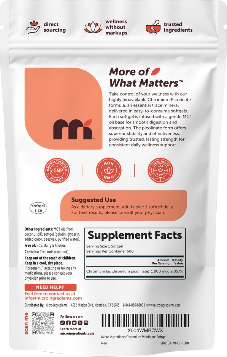 Micro Ingredients Chrom Picolinat 1.000 mcg pro Portion, 500 Weichkapseln, 1 Jahresvorrat | Chelatiertes essentielles Mineralpräparat mit MCT-Öl | Non-GMO