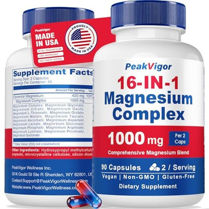 16-in-1 Magnesium Komplex 1000mg – Hochdosiert mit Magnesiumglycinat, Citrat, Orotat, L-Threonat, Malat – 90 vegane Kapseln für Frauen & Männer