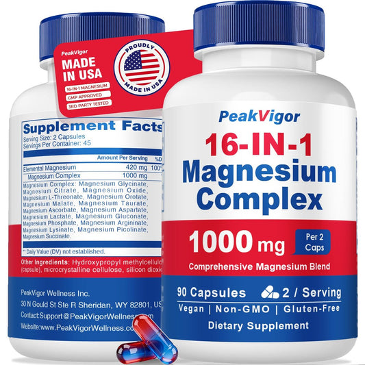 16-in-1 Magnesium Komplex 1000mg – Hochdosiert mit Magnesiumglycinat, Citrat, Orotat, L-Threonat, Malat – 90 vegane Kapseln für Frauen & Männer