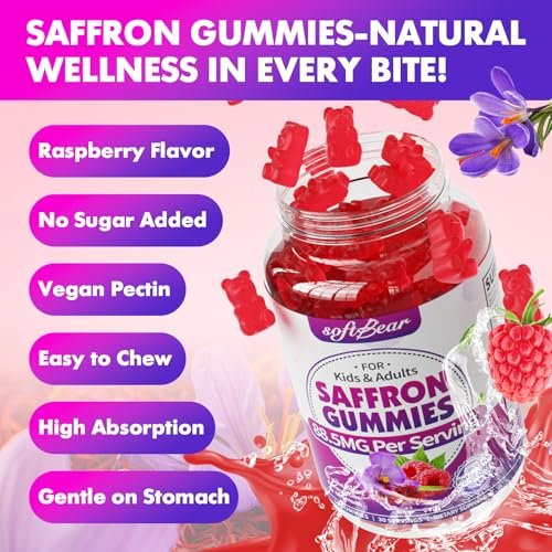 softbear Safran Gummis für Kinder & Erwachsene, 10-in-1 Bio Safran Ergänzung mit 88,5 mg Safran Extrakt, Unterstützt Ruhe & Fokus & Schlaf, Zuckerfrei/Ohne Gentechnik, Himbeergeschmack, 60 Stück
