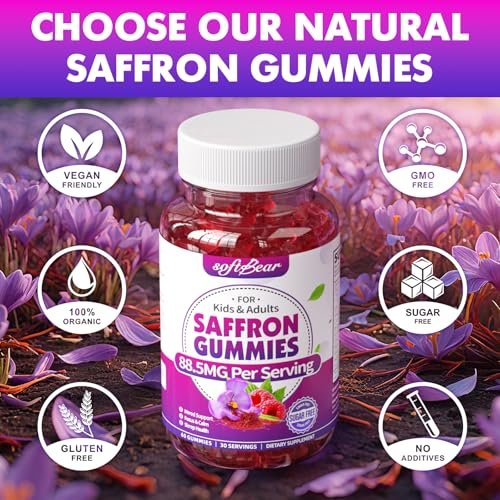 softbear Safran Gummis für Kinder & Erwachsene, 10-in-1 Bio Safran Ergänzung mit 88,5 mg Safran Extrakt, Unterstützt Ruhe & Fokus & Schlaf, Zuckerfrei/Ohne Gentechnik, Himbeergeschmack, 60 Stück