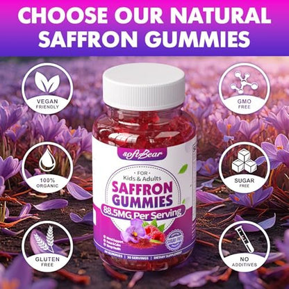 softbear Safran Gummis für Kinder & Erwachsene, 10-in-1 Bio Safran Ergänzung mit 88,5 mg Safran Extrakt, Unterstützt Ruhe & Fokus & Schlaf, Zuckerfrei/Ohne Gentechnik, Himbeergeschmack, 60 Stück