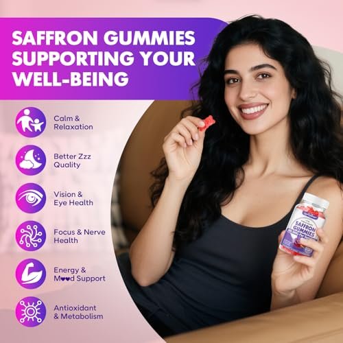 softbear Safran Gummis für Kinder & Erwachsene, 10-in-1 Bio Safran Ergänzung mit 88,5 mg Safran Extrakt, Unterstützt Ruhe & Fokus & Schlaf, Zuckerfrei/Ohne Gentechnik, Himbeergeschmack, 60 Stück