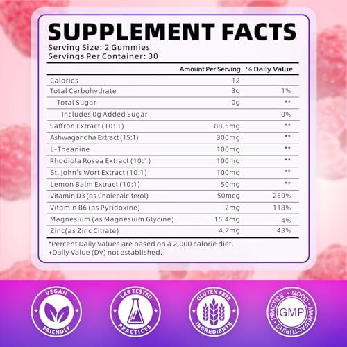 softbear Safran Gummis für Kinder & Erwachsene, 10-in-1 Bio Safran Ergänzung mit 88,5 mg Safran Extrakt, Unterstützt Ruhe & Fokus & Schlaf, Zuckerfrei/Ohne Gentechnik, Himbeergeschmack, 60 Stück