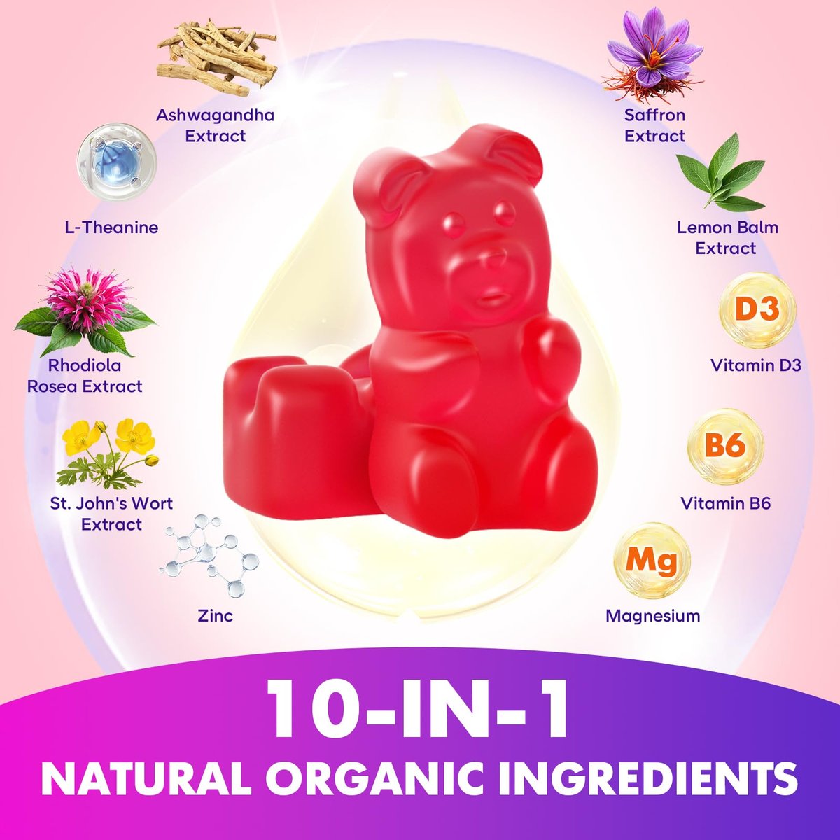 softbear Safran Gummis für Kinder & Erwachsene, 10-in-1 Bio Safran Ergänzung mit 88,5 mg Safran Extrakt, Unterstützt Ruhe & Fokus & Schlaf, Zuckerfrei/Ohne Gentechnik, Himbeergeschmack, 60 Stück