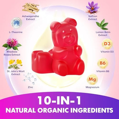 softbear Safran Gummis für Kinder & Erwachsene, 10-in-1 Bio Safran Ergänzung mit 88,5 mg Safran Extrakt, Unterstützt Ruhe & Fokus & Schlaf, Zuckerfrei/Ohne Gentechnik, Himbeergeschmack, 60 Stück